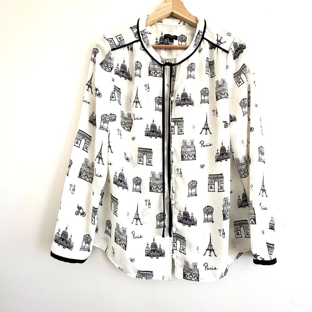 Talbots White and Black Paris Pop Over Top women Size S Button tie Quiet Luxury